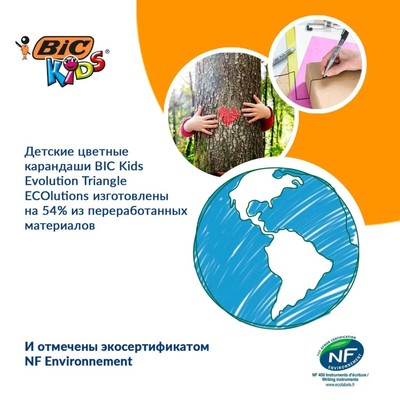 Карандаши цветные 12 цветов, детские, утолщённые, трёхгранные, BIC Kids Evolution Triangle, пластиковые, премиум, картонная упаковка