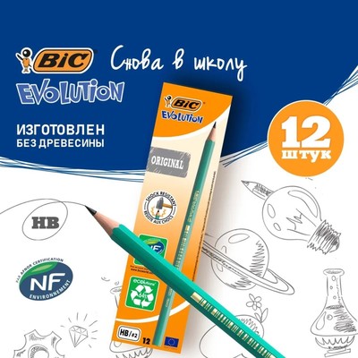 Карандаш чернографитный (простой) НВ, BIC Evolution, заточенный, пластик, без ластика, шестигранный, зелёный корпус