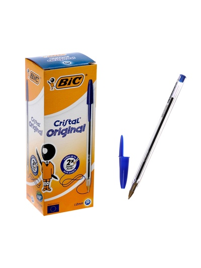 Ручка шариковая, чернила синие, 1.0 мм, среднее письмо, прозрачный корпус, BIC Cristal Original