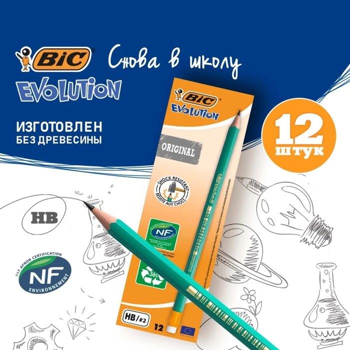 Карандаш чернографитный BIC. Evolution, НВ, c ластиком, шестигранный, пластиковый, зелёный корпус