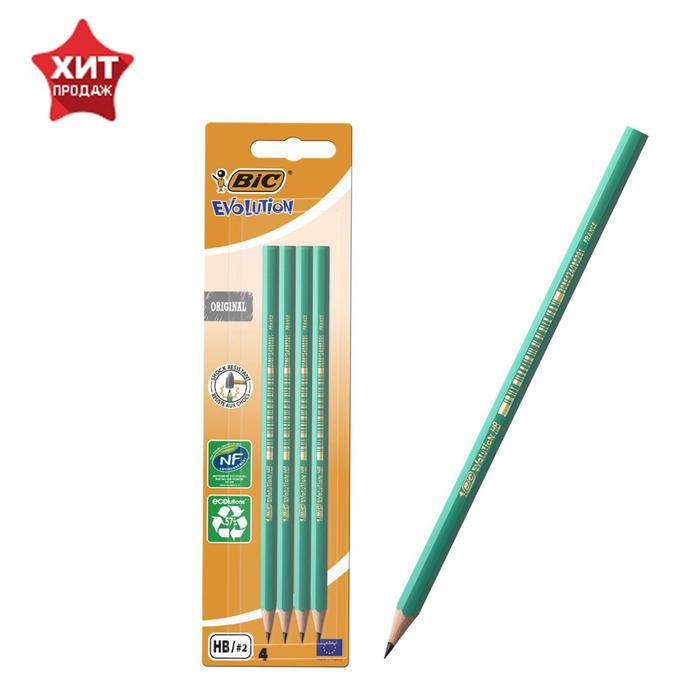 Карандаш чернографитный HB, BIC Evolution, зелёный корпус - Фото 1