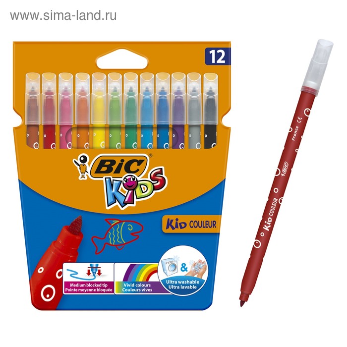 Фломастеры 12 цветов BIC Kid Couleur, детские, смываемые, среднее письмо