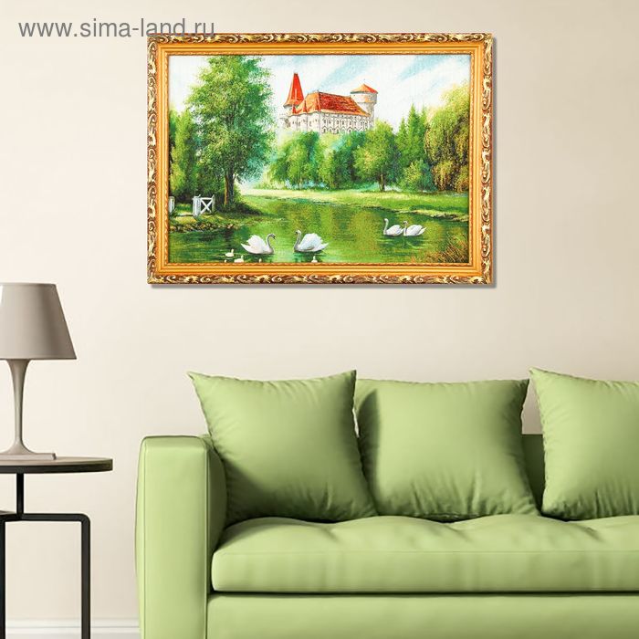 Гобеленовая картина  "Лебеди на пруду у замка"  44х61 см - Фото 1