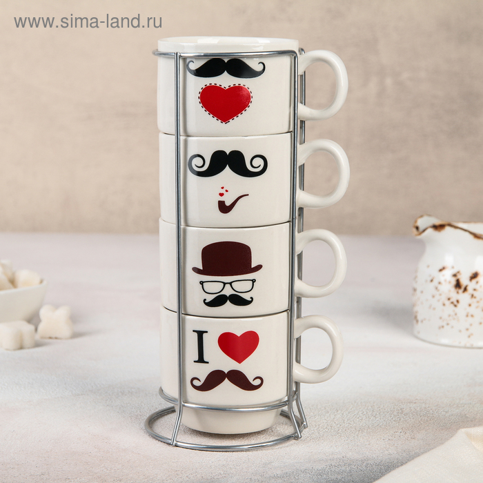 Набор кружек «Усы», 180 мл, 4 шт, на металлической подставке - Фото 1