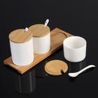 Набор банок керамических для сыпучих продуктов с ложками на деревянной подставке Доляна «Эстет», 3 банки: 200 мл, 250 мл, 350 мл, цвет белый - Фото 2