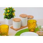 Набор банок керамических для сыпучих продуктов с ложками на деревянной подставке Доляна «Эстет», 3 банки: 200 мл, 250 мл, 350 мл, цвет белый - Фото 4