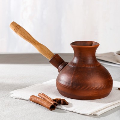 Турка для кофе с деревянной ручкой, красная глина, 0.65 л