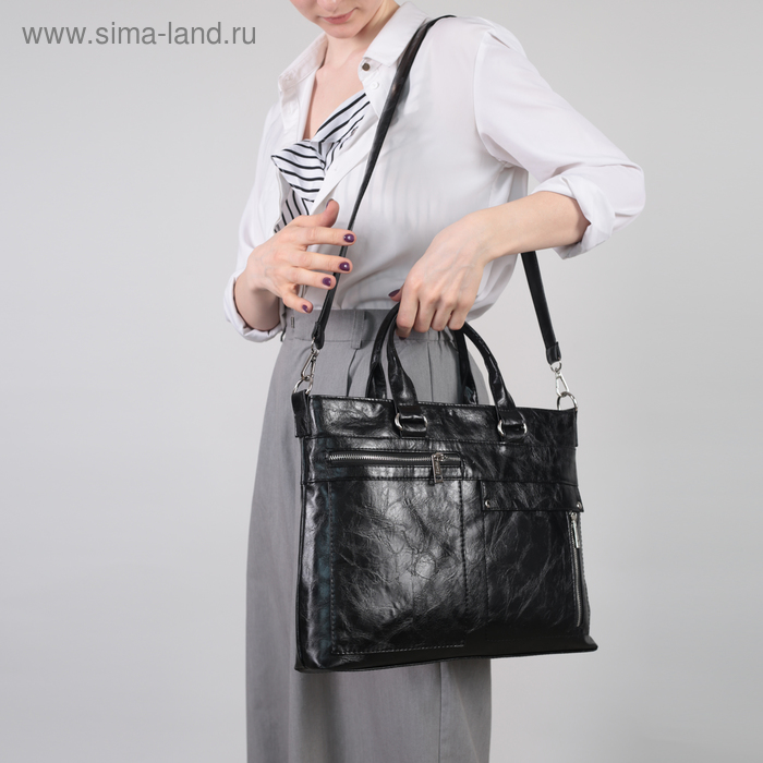 Сумка женская, 2 отдела на молнии, наружный карман, длинный ремень, цвет чёрный - Фото 1