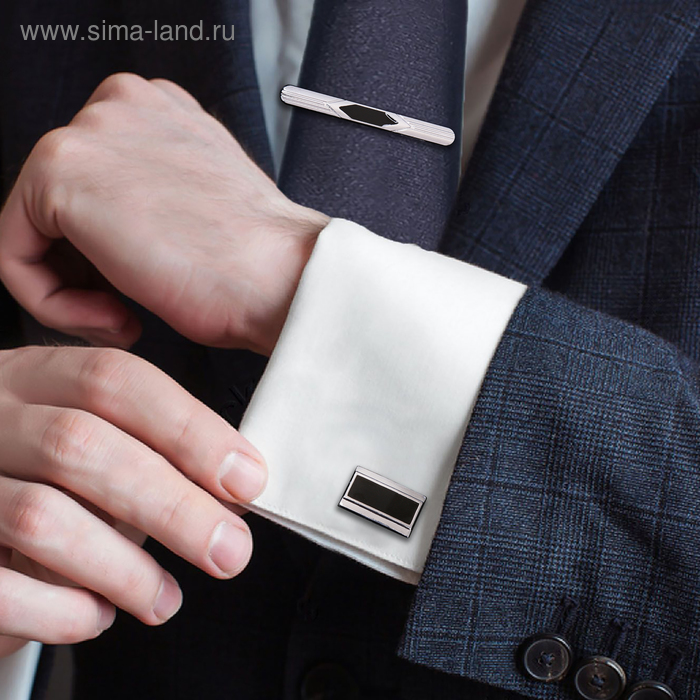 Набор мужской "Запонки + зажим для галстука", прям-ник с серой стразой, цвет серебро