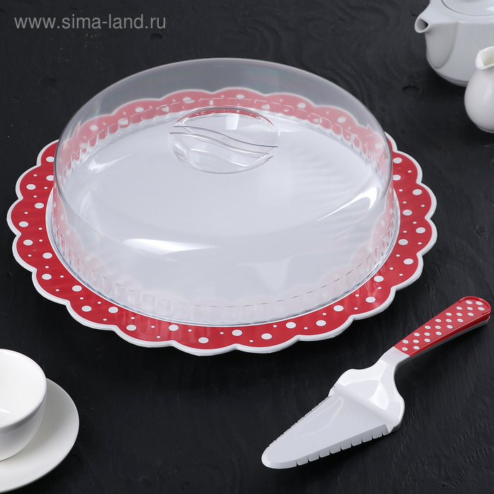 Набор "Горошек" 3 предмета: блюдо 37 см с крышкой, лопатка-нож, цвет бело-красный - Фото 1
