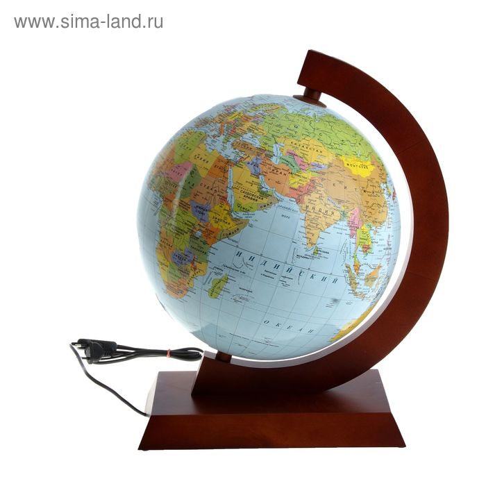 Глобус на деревяной подставке физико-политический, диаметр 320 мм, с подсветкой - Фото 1