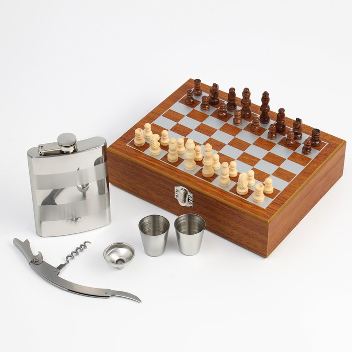 Набор 6 в 1: фляжка 8 oz, воронка, штопор, 2 стопки, шахматы - Фото 1