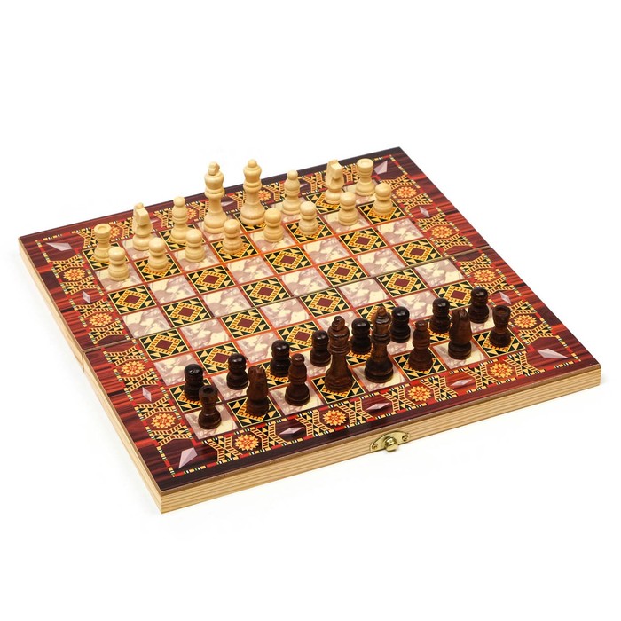 Настольная игра 3 в 1 "Узоры": нарды, шашки, шахматы, 29 х 29 см - Фото 1