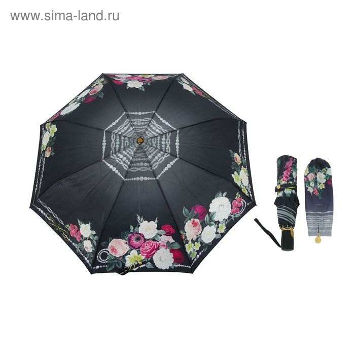 Зонт автоматический "Цветы", R=52см, цвет чёрный - Фото 1