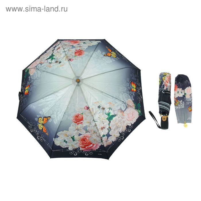 Зонт автоматический "Цветы и бабочка", R=52см, цвет чёрный - Фото 1