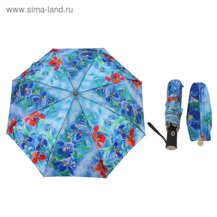 Зонт автоматический "Цветы", R=51см, цвет синий - Фото 1