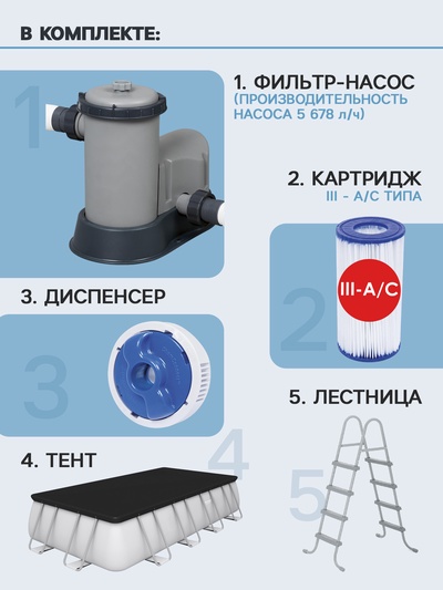 Бассейн каркасный Bestway Power Steel 56465, 549×274×122 см, фильтр-насос, лестница, тент, прямоугольный