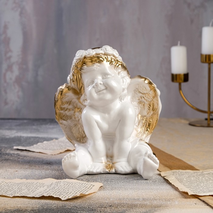 Статуэтка "Ангел сидящий", бело-золотая, 23 см - Фото 1