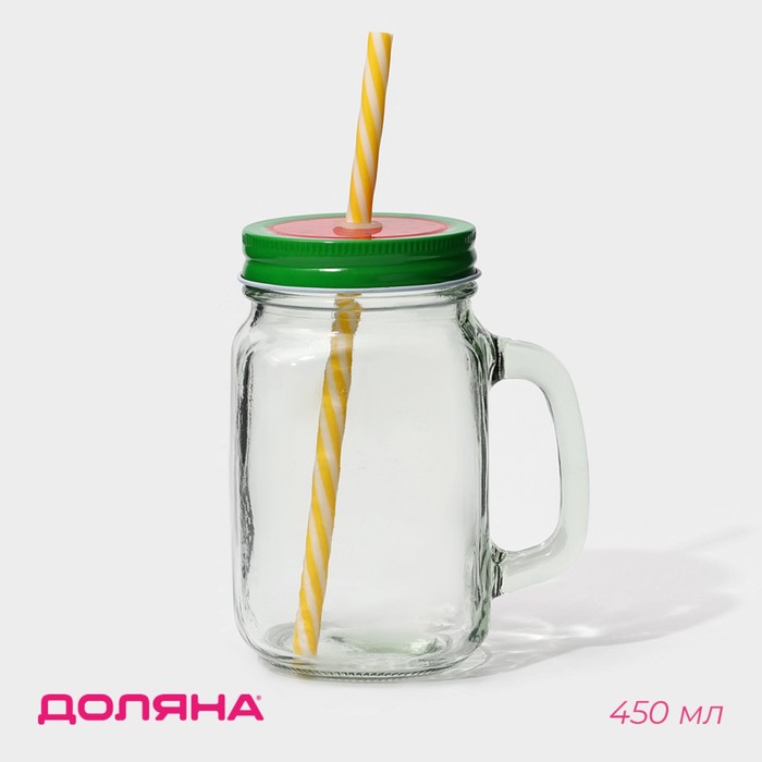 Кружка Доляна «Гладь», 450 мл, 10×7.5×13 см, с крышкой и трубочкой, стекло - Фото 1