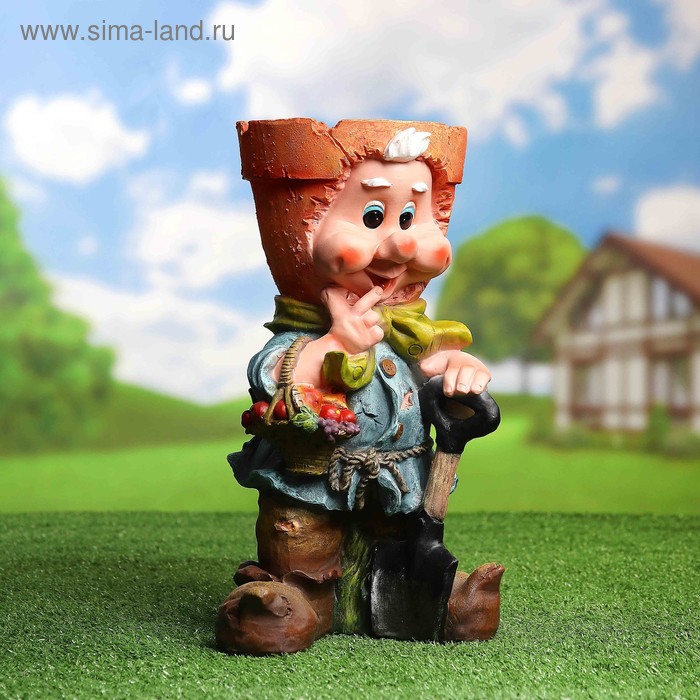 Садовая фигура "Гном с кашпо на голове" 22*18*37см - Фото 1