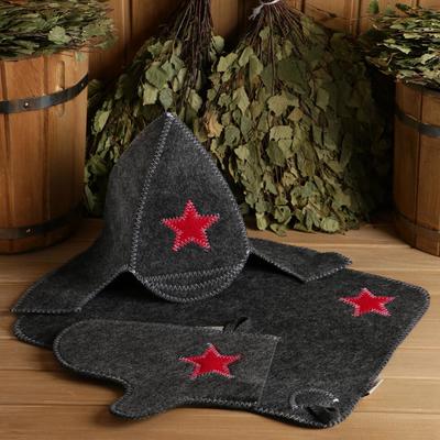 Набор для бани «Буденовец», 3 предмета: шапка, коврик, рукавица, серый, «Добропаровъ»