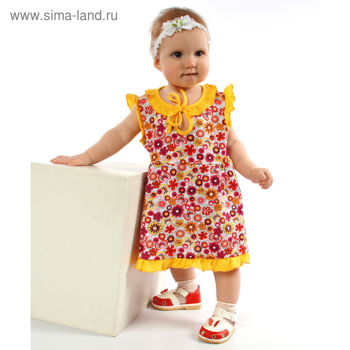 Платье "Цветочная полянка", рост 74 см (48), цветы на белом/желтый ДПК461001н - Фото 1