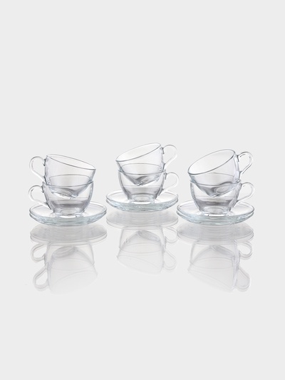 Чайный набор Paşabahçe Basic, 12 предметов: 6 чашек 225 мл, 6 блюдец d=13.7 см, стекло, прозрачный