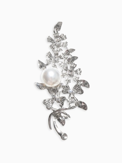 Брошь «Букет с жемчугом», цвет белый в серебре