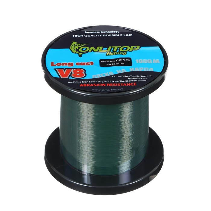 Леска капрон V8 на карпа, диаметр 0.28 мм, тест 9.34 кг, 1000 м, тёмно-зелёная - Фото 1