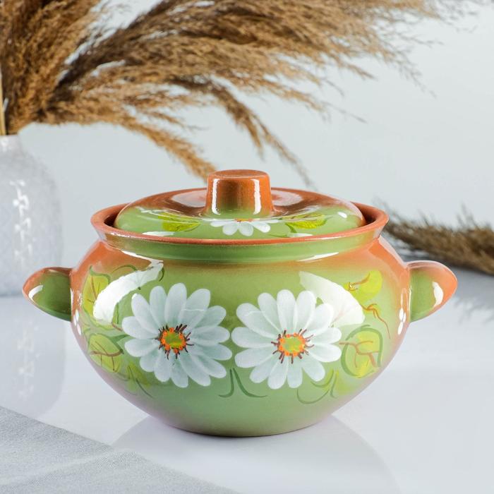 Жаровня Кунгурская керамика, 2 л, с ручками, зелёная - Фото 1