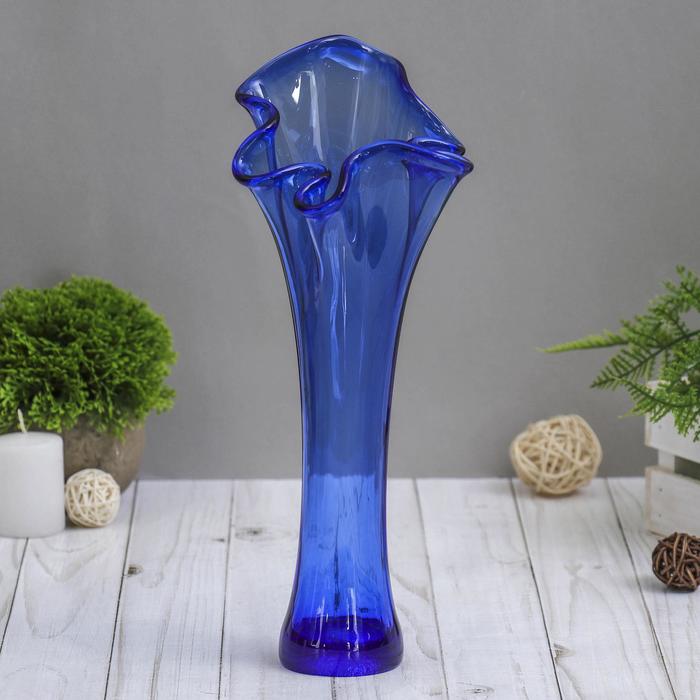 ваза "Волна" h 280 мм. из синего стекла (без декора) - фото 1906810501