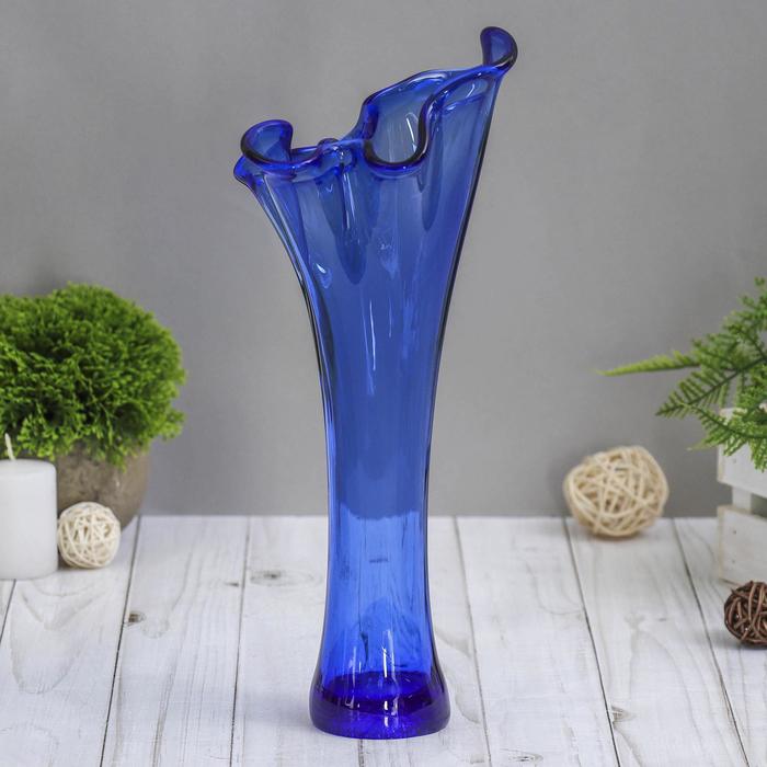 ваза "Волна" h 280 мм. из синего стекла (без декора) - фото 1906810502