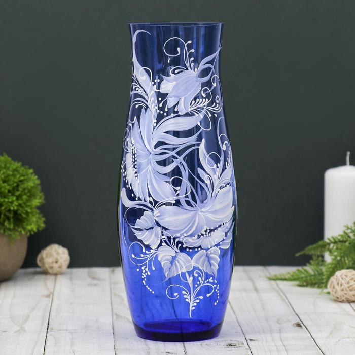 ваза С-64 h 260 мм. из синего стекла (ручная роспись) рис. № 1 (Бел.) - Фото 1