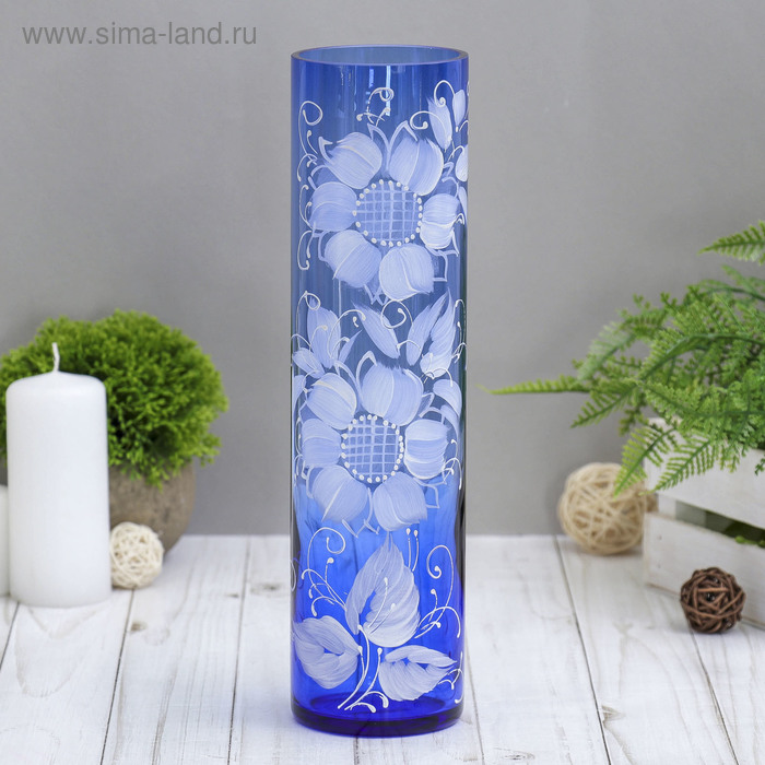 ваза "Цилиндр" d 80*h 300 мм. из синего стекла (ручная роспись) рис. № 6 (Бел.) - Фото 1