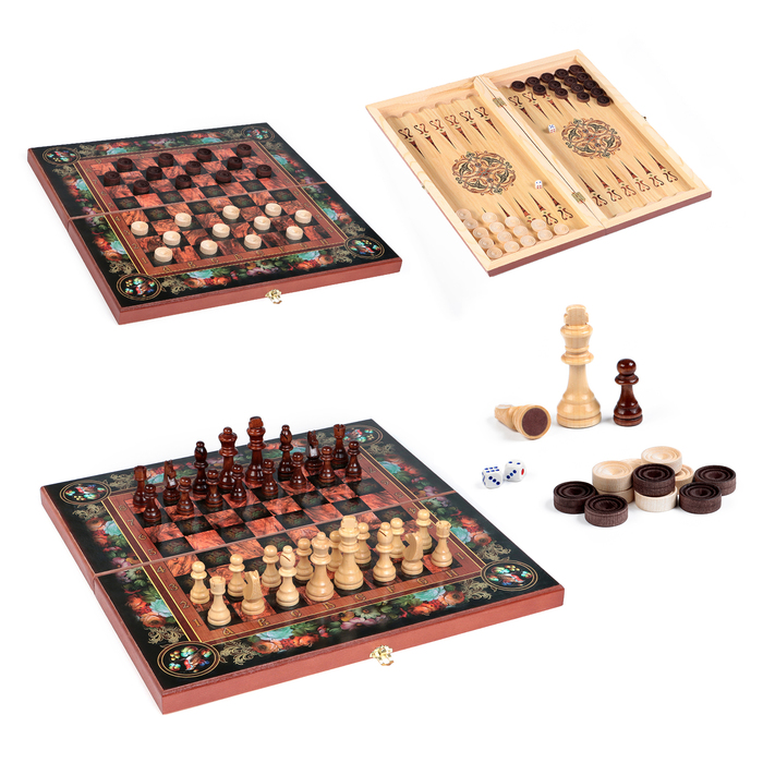 Настольная игра 3 в 1 "Цветы": шахматы, шашки, нарды (доска дерево 50х50 см) - Фото 1