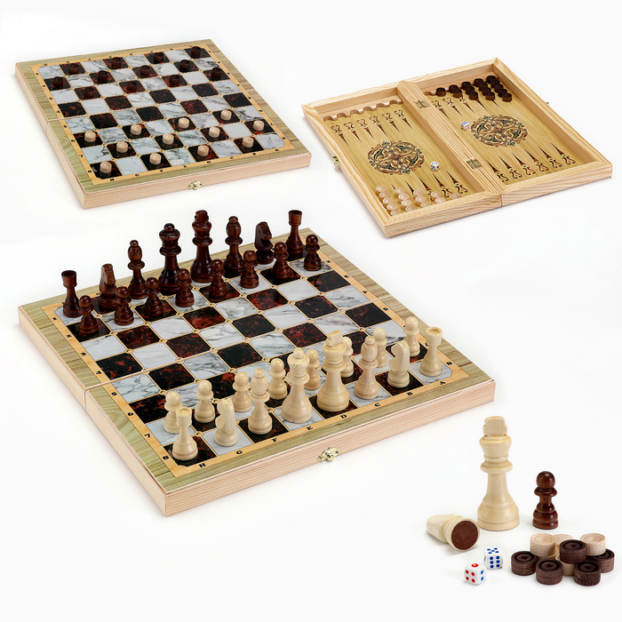 Настольная игра 3 в 1 "Мрамор": шахматы, шашки, нарды, доска дерево 40 х 40 см - Фото 1