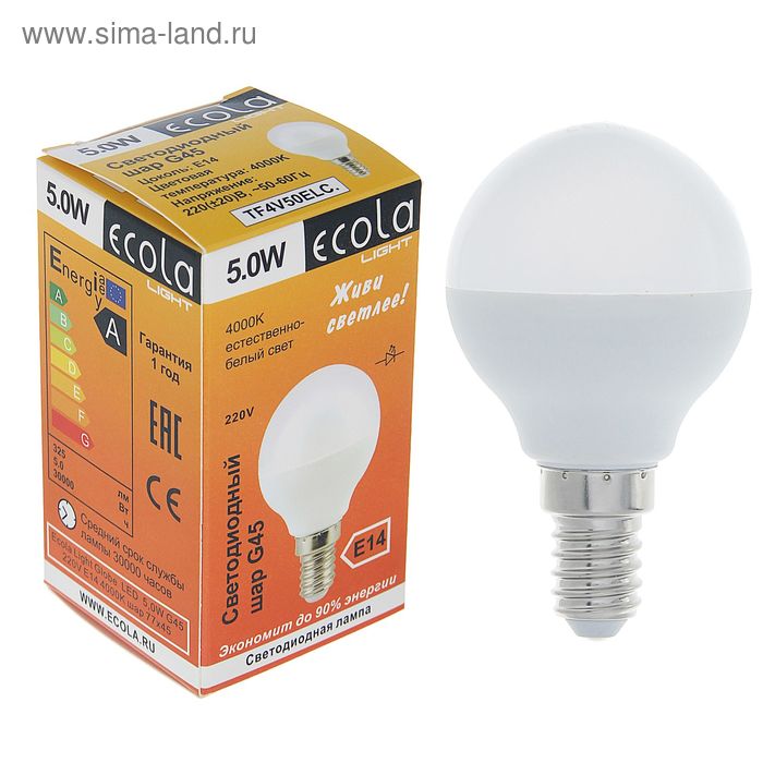 Лампа светодиодная Ecola, G45, 5 Вт, Е14, 4000 K, 77x45 мм, дневной белый - Фото 1
