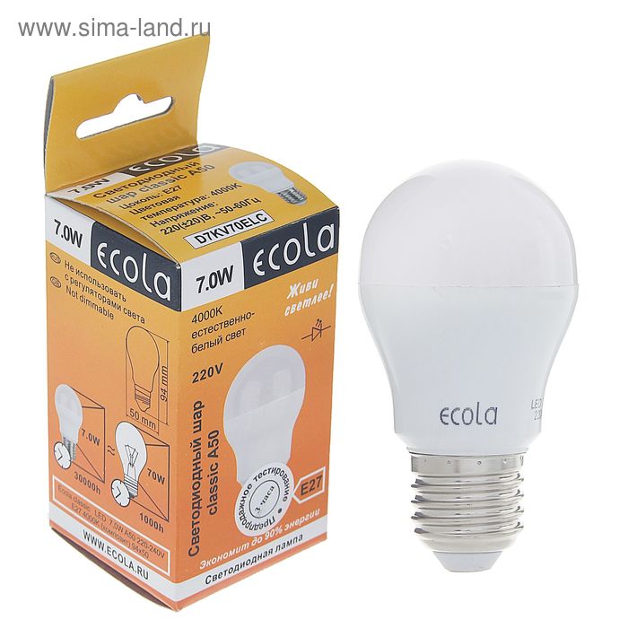 Лампа светодиодная Ecola, А50, 7 Вт, E27, 4000 K, 94x50 мм - Фото 1