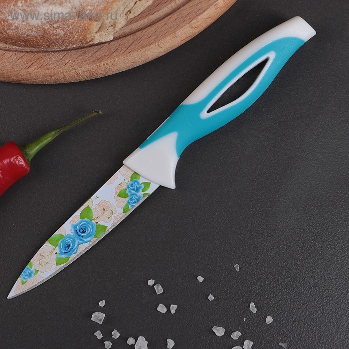 Нож кухонный с антиналипающим покрытием Доляна «Райский сад», лезвие 8,5 см, цвет голубой - Фото 1