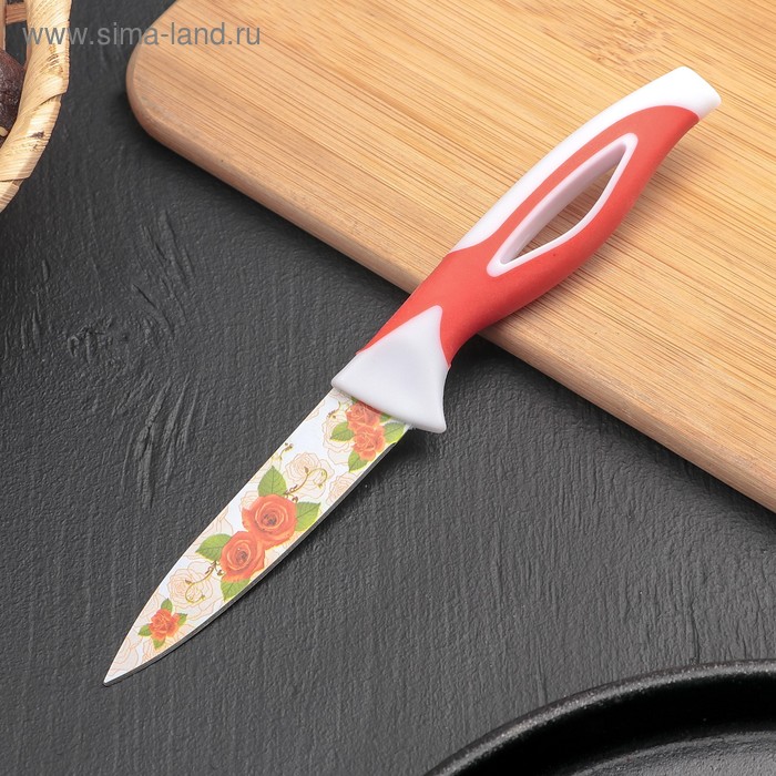 Нож кухонный с антиналипающим покрытием Доляна «Райский сад», лезвие 8,5 см, цвет красный - Фото 1