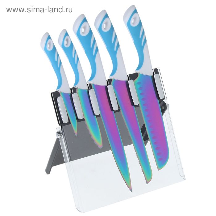 Набор ножей кухонных с титановым покрытием см «Опал», 5 шт: 8 см, 11,5 см, 18 см, 19,5 см, 20 см, на магнитной подставке - Фото 1