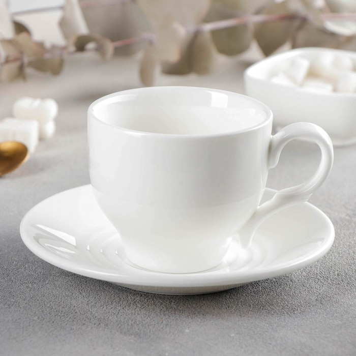 Чайная пара фарфоровая Wilmax, 2 предмета: чашка 220 мл, блюдце d=14,2 см, цвет белый - фото 1905361731