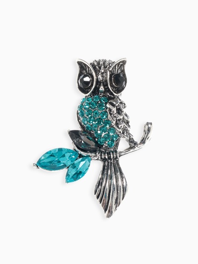 Брошь «Сова на ветке», голубая в чернёном серебре