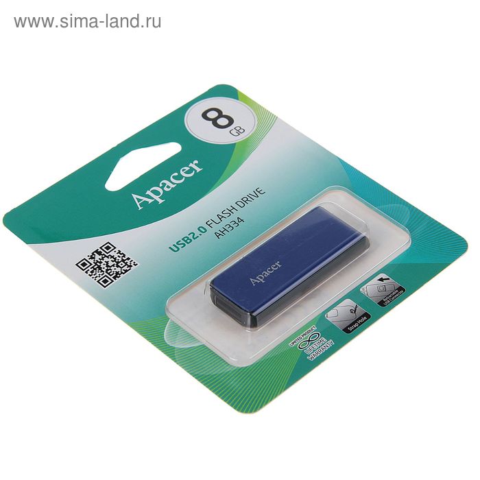 Флешка Apacer 8Gb AH334, чт до 25 Мб/с, зап до 15 Мб/с, синяя - Фото 1