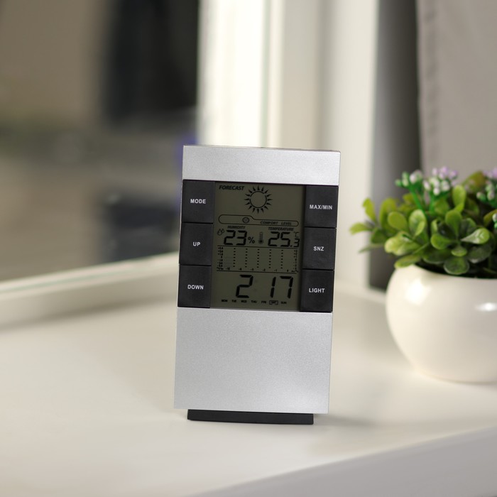 Метеостанция Luazon LB-01, с часами, термометром, дисплеем, подсветкой, серая - Фото 1