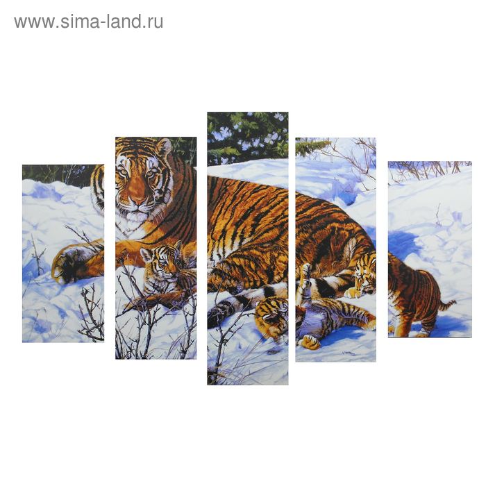 Картина модульная на подрамнике "Тигр и тигрята" 2-25*52,2-25*66,5,1-25*80, 80*140 см - Фото 1