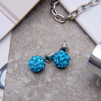 Серьги со стразами «Шарик» шамбала, бусина 8, цвет голубой