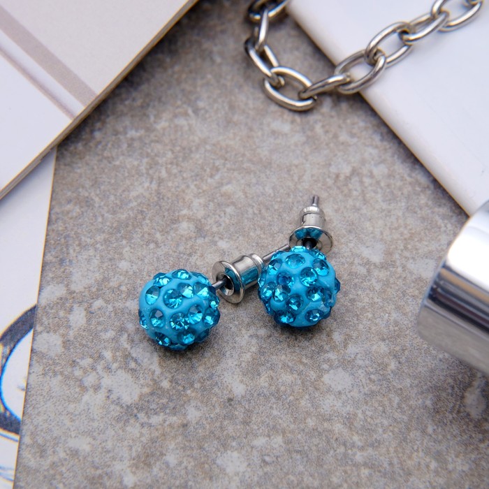 Серьги со стразами «Шарик» шамбала, бусина 8, цвет голубой - Фото 1