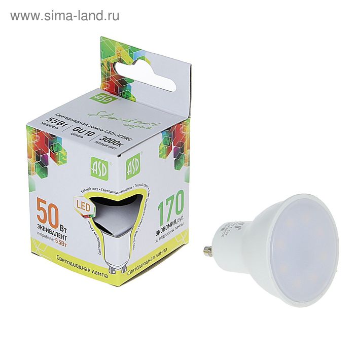 Лампа светодиодная ASD, MR16, 5.5 Вт, GU10, 470 Лм, 3000 К, теплый белый - Фото 1