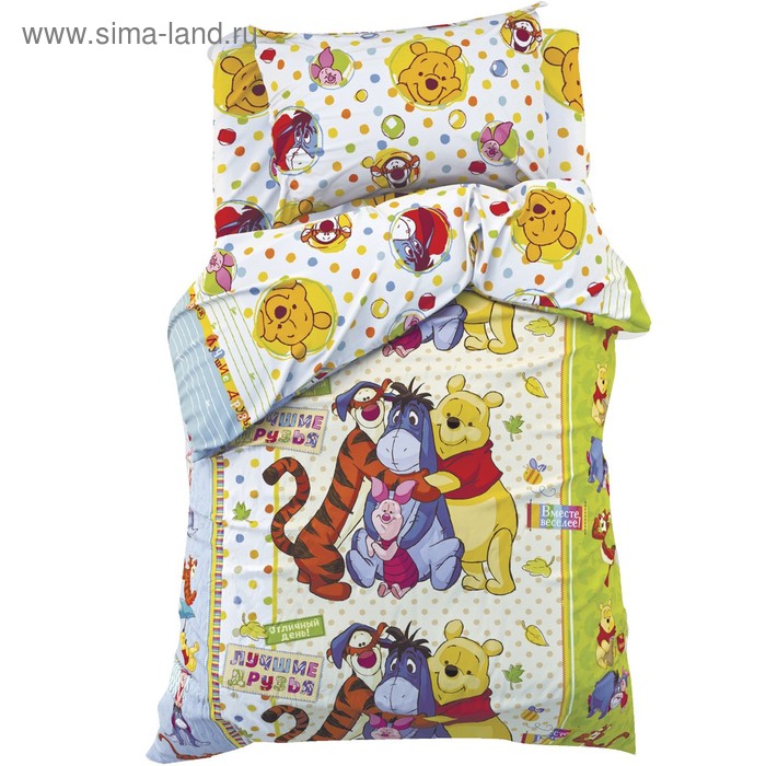 Детское постельное бельё 1,5 сп. "Медвежонок Винни и его друзья", размер 143х215 см, 150х214 см, 50х70 см-1 шт., 100% хлопок, бязь - Фото 1
